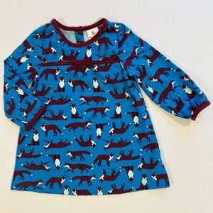New Hanna Andersson Fox Print Dress Girls 18-24M 80 cm Folktale Teal Cotton
